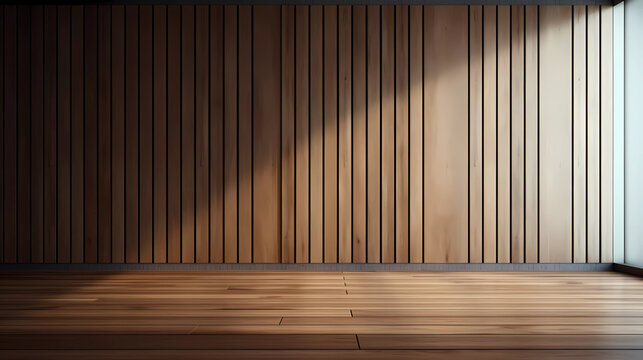 a room with a wooden floor and a large window with a wooden slatted wall and a wooden slatted wall
