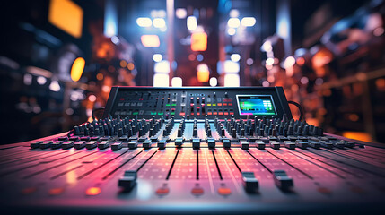 a sound board with many knobs and lights on it's sides and a blurry background of a television screen - obrazy, fototapety, plakaty