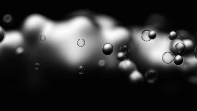 3d render monochrome black and white abstract art surreal object based on bubbles balls spheres in glass water liquid and silver metal material in transition deformation process depth of field effect