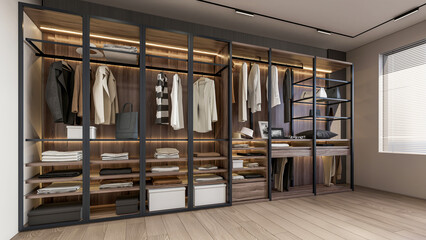 3d rendering dressing room wardrobe cabinet storage interior scene - obrazy, fototapety, plakaty