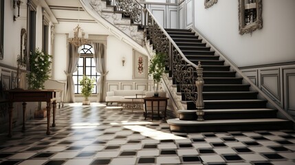 Old style design white and black tiled house stairs 8k,