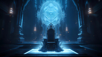 a throne with a glowing blue throne on it's back and arms