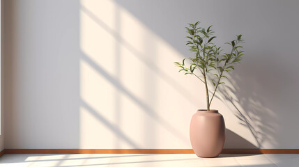 a vase with a plant in it sitting next to a window with a curtain on it and a wall with a window behind it - obrazy, fototapety, plakaty