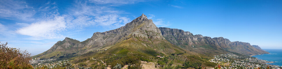 Beautiful Table Mountain with lush greenery and nearby urban city in a wide angle landscape in summer. Scenic view of the nature in South Africas popular National landmark natural tourist destination