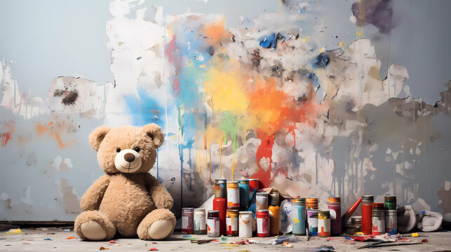 a variety of different colors of paint and materials on a wall with a teddy bear and a sign that says