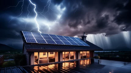 Foto op Canvas house with solar panels on the roof in a thunderstorm with lightning © Frank Gärtner
