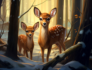 Beautiful little woods deer christmas cards for holiday cards for your family tree, in the style of digital painting and drawing, animal nature deer outdoors mammal in grass