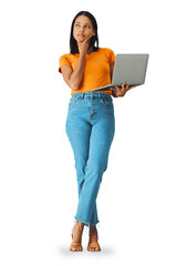 Woman thinking, planning and laptop in online research, creative ideas and education or e learning choice. Student on computer, decision or college registration isolated on transparent png background