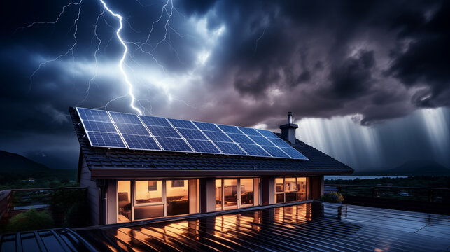 house with solar panels on the roof in a thunderstorm with lightning