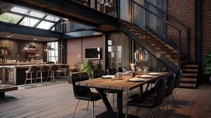 Fototapeta na wymiar Open space with industrial half-landing stairs and wooden dining area 8k,