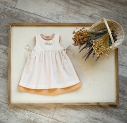 Vintage Handmade Baby Pinafore Dress with Embroidered Pocket of Daisies and Striped Yellow Dress