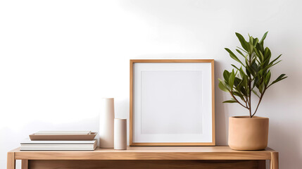 a wooden frame on a shelf with books and a plant in a vase on the shelf next to it