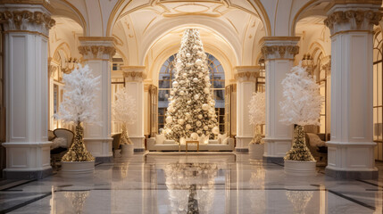 Christmas evening.Cclassic luxurious hall decorated christmas tree.