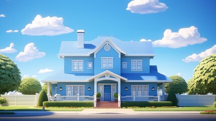 pale blue house with siding on a large lot with traditional windows and shutters in a subdivision in the suburbs on a bright sunny blue sky day 8k, - obrazy, fototapety, plakaty