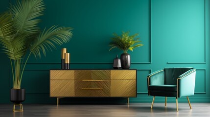 Palm leaf on a modern, teal sideboard with drawers in a luxurious, green living room interior with golden decorations and an upholstered chair 8k,
