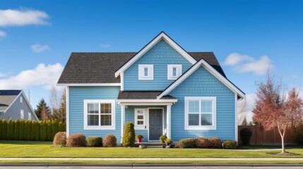 pale blue house with siding on a large lot with traditional windows and shutters in a subdivision in the suburbs on a bright sunny blue sky day 8k, - obrazy, fototapety, plakaty