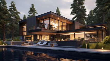 Panorama of beautiful and modern house among trees, exterior view 8k,