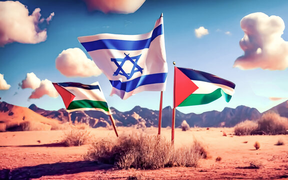 ILUSTRACION BANDERAS DE ISRAEL Y PALESTINA, CLAVADAS EN SUELO DEL DESIERTO 