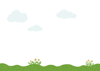 Obraz na płótnie Canvas 起伏のある緑の野原とたんぽぽとチューリップの背景素材：フッター,春,飾り帯