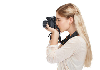 Profile, photography and woman with a camera, creative and tourism isolated on transparent background. Person, model and photographer with equipment, memory and shooting with png, career or picture