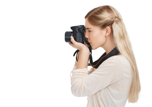 Profile, photography and woman with a camera, creative and tourism isolated on transparent background. Person, model and photographer with equipment, memory and shooting with png, career or picture