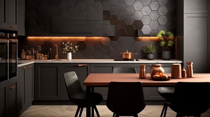 Panorama of stylish kitchen with black furniture and copper hexagonal wall tiles with black, dining table and two copper chairs 8k,