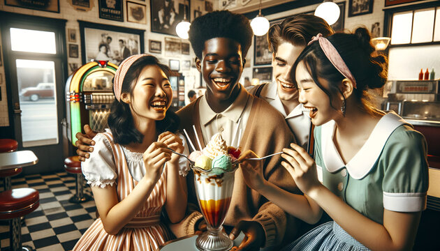 a diverse group of teenagers sharing a large, colorful sundae in a 1950s soda fountain shop. The image captures the joy