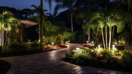 Panoramic Photo of LED Light Posts Illuminated Backyard Garden During Night Hours. Modern Backyard Outdoor Lighting Systems. 8k,