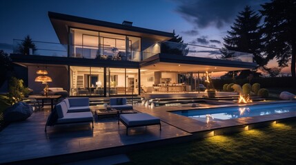 Obraz na płótnie Canvas Panoramic photo of modern house with outdoor and indoor lighting, at night 8k,