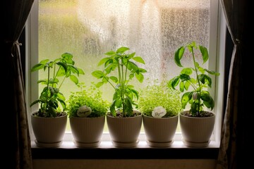 Window sill featuring five potted plants on a rainy day.
