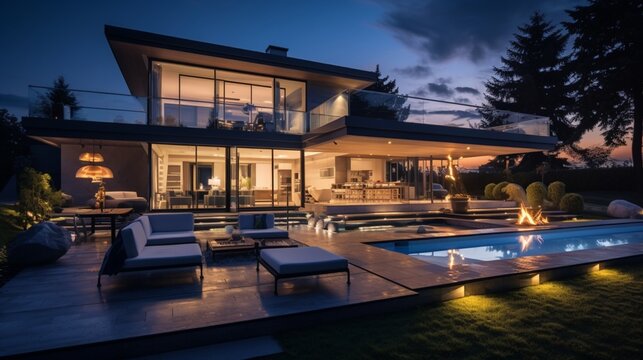 Panoramic photo of modern house with outdoor and indoor lighting, at night 8k,