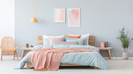 Pastel blue, pink and orange bedding on double bed in chic bedroom interior 8k, - obrazy, fototapety, plakaty