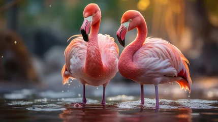 Deurstickers Two flamingos standing in the water and looking at the camera. © Dina