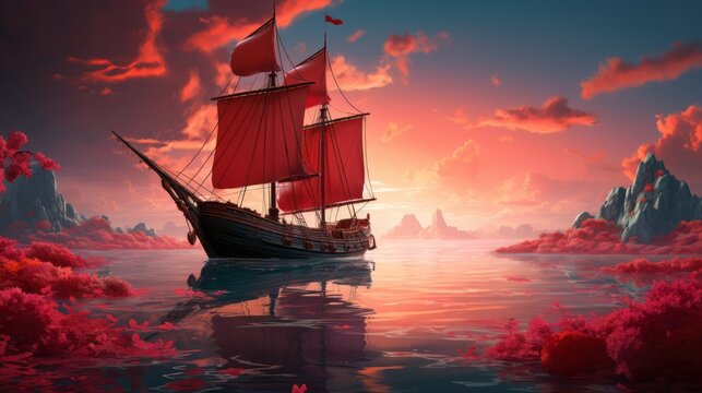 ship with scarlet sails at sunset ai generated image