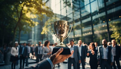 Businessman holding a trophy in front of a group of business people