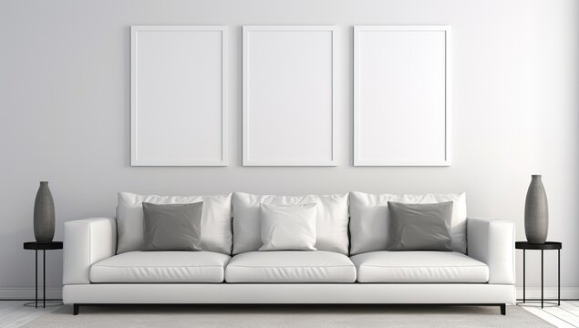 Modern minimalist living room with white couch and blank frames