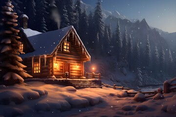 The warm glow of a cozy cabin in the snow.
