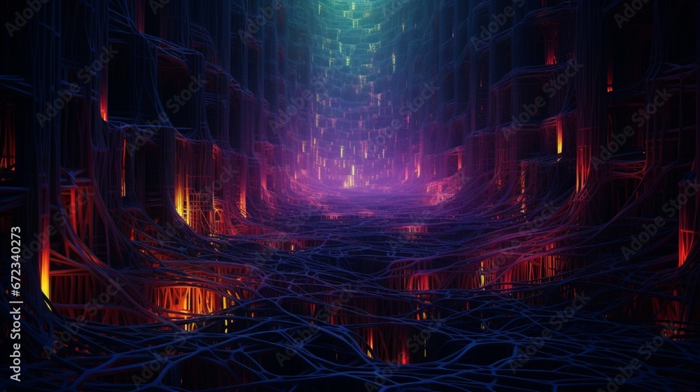 Poster an intricate network of neon threads interwoven into a complex tapestry against an inky abyss.