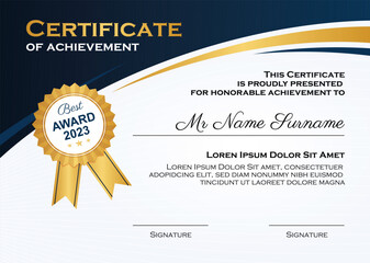 Blue and gold Certificate of achievement template set with gold badge and border. Award diploma design blank. Vector Illustration - obrazy, fototapety, plakaty