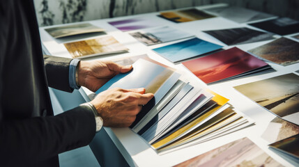 Architect's hands flipping through material samples. - obrazy, fototapety, plakaty
