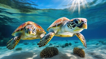 Fototapeta premium Two Sea Turtles Swimming in Coral Reef Ocean