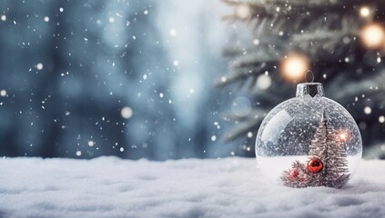 Christmas glass ball with christmas tree on snow with bokeh background