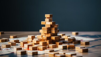 Fototapeta premium Wooden blocks stacking as a pyramid. Business strategy and planning concept