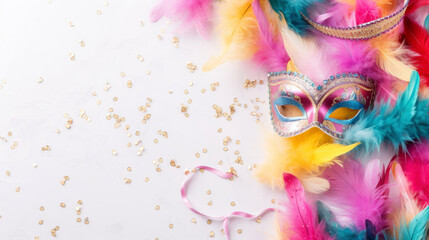 Carnival border on marble background. Mardi gras masks, feathers and beads.