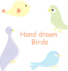 Set of hand drawn cute vector birds . Spring, summer illustration with cartoon funny birds.
