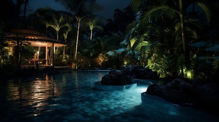 Pool in the tropical garden by night. 8k,