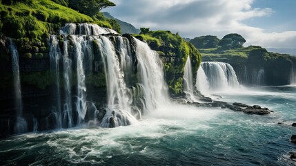 Fototapeta premium Waterfalls cascading down a lush green cliff