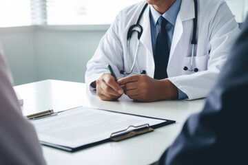 Fototapeta premium Doctor explains health checkup document of male patient in hospital room or medical clinic Medical and healthcare concept.
