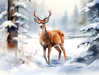 Beautiful winter watercolor deer in the forest. Beautiful illustration picture.