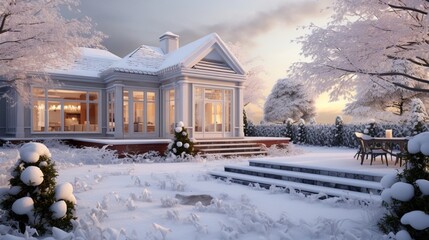 Private house, modern design villa house and its garden in winter covered with snow. Garden of home under snow. 8k,
